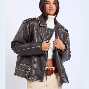 OVERSIZED Vintage Biker Style Vegan Leather Jacket Washed Size S M L Dark Brown